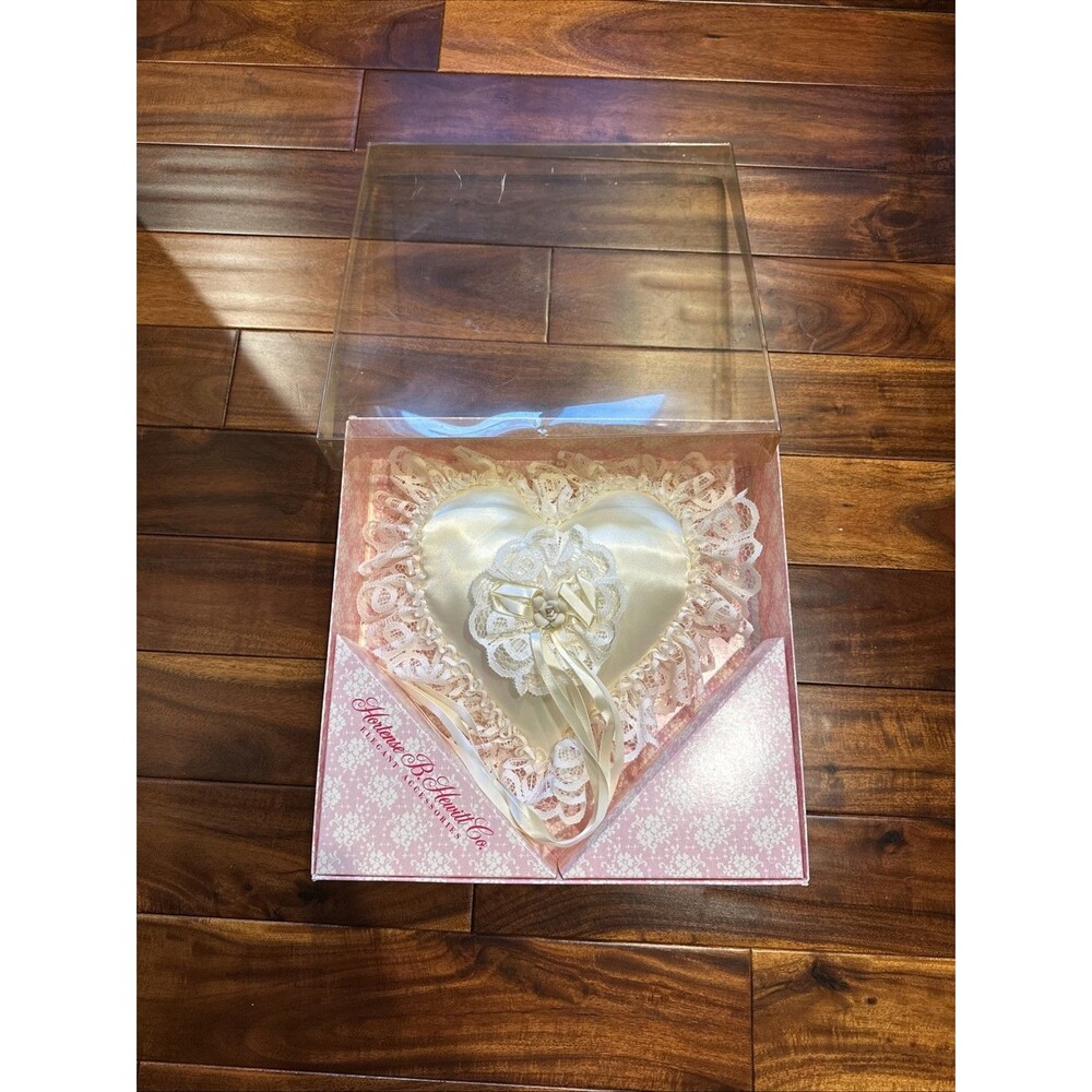 Ring Bearer Pillow Heart Lace Satin Ribbon Ceramic Flower Floral w/ Box